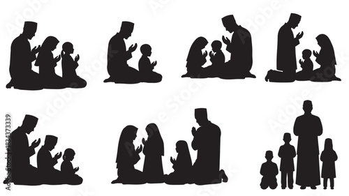 Silhouette of a Muslim family praying together vector illustration of Islamic worship isolated on white background