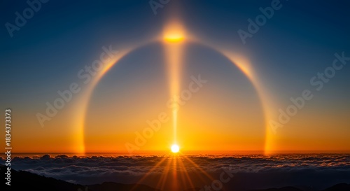 A sharp, sun pillar rising from the setting sun.