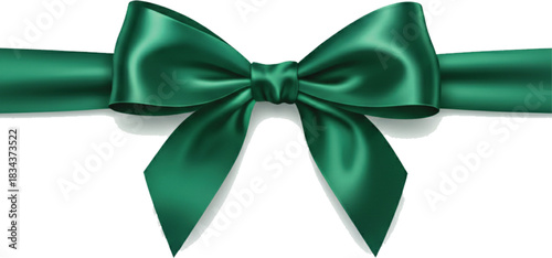 Geen bow and ribbon. Realistic holiday decoration. Green ribbon with bow isolated on white background.Green satin gift bow for Christmas and valentines