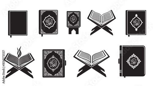 Set of Quran icons Islamic book symbols in black and white vector illustration perfect for religious design and cultural projects