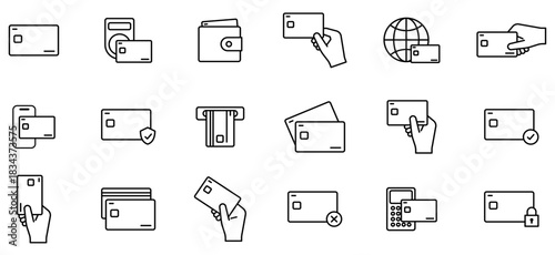 カード,クレジットカードで決済・支払する編集可能な線画イメージイラストアイコンセット