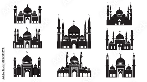 Set of mosque silhouette icons vector illustration of Islamic architecture isolated on white background