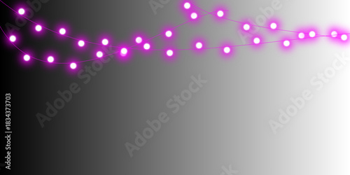 A string of glowing pink lights hangs across the top of a monochrome gradient background fading from black to white.