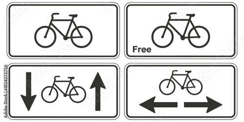 A set of four road signs illustrating bicycle traffic indications, including general, free access, two-way, and width restrictions.