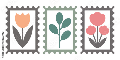 Three stylized postage stamps featuring floral and botanical illustrations in a modern, flat design.