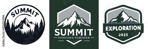 Mountain summit adventure badge illustration with outdoor expedition emblem and rugged exploration graphic elements