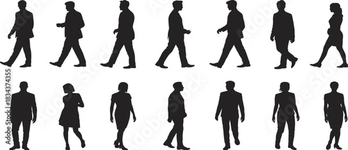 Silhouettes of diverse business professionals walking and standing, representing corporate teams, commuters, success, leadership, and urban lifestyle concepts.