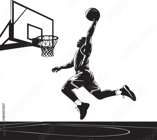 A dynamic black and white image capturing a basketball player mid-air, slam dunking the ball through the hoop.