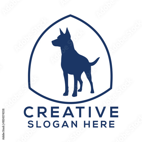 Dark Blue Dog Silhouette in Shield Logo with Text on White Background animal