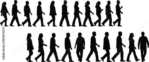 Silhouettes of diverse men and women walking in a line, representing movement, crowd, business, travel, and community participation concepts.