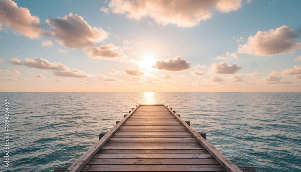 Fototapeta premium A wooden pier extends into the calm ocean towards a beautiful sunset with clouds.
