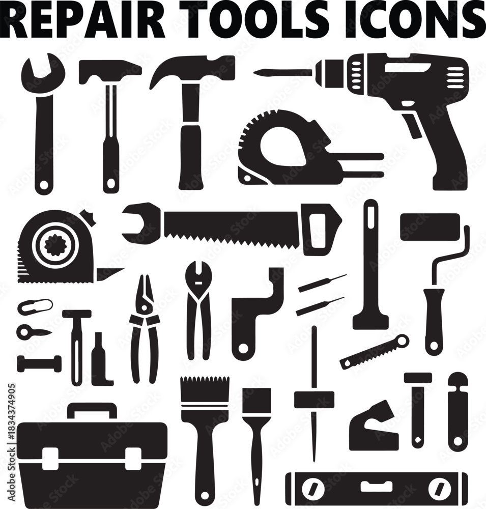 Obraz premium Black Silhouette Repair Tool Icons for Maintenance and Workshop Projects Art & Illustration