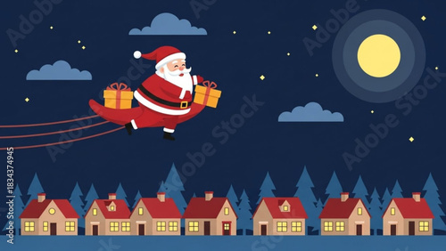 Delivering holiday cheer, Santa Claus soars across a starry night sky, bearing gifts above cozy homes, spreading the magic of Christmas with festive joy