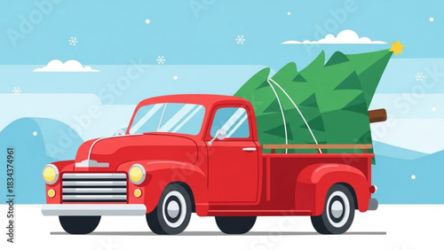 Festive red pickup truck carries a Christmas tree home through snowy landscapes, spreading holiday cheer and nostalgia for a classic winter tradition