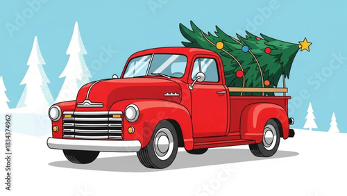 Vintage red pickup truck carrying Christmas tree home through snowy winter landscape, spreading holiday cheer and festive spirit with charming seasonal vibes