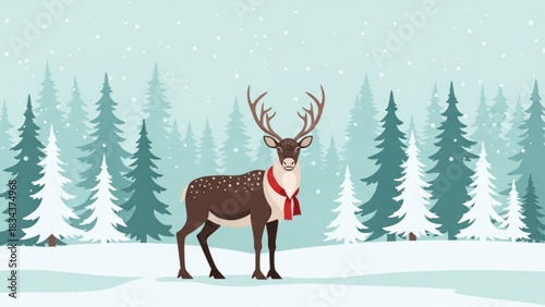 Enchanting reindeer wearing a red scarf in a snowy forest, perfect for holiday cards and winter designs, originally a scalable vector graphic