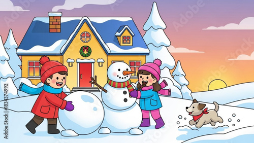 Kids joyfully building snowman with playful puppy in winter wonderland scene, creating magical holiday memories in front of cozy home
