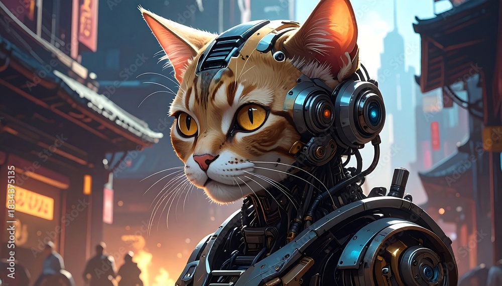 Fototapeta premium A robotic cat stands in an East-Asian city. Steel and circuits combine with soft fur for a futuristic vibe