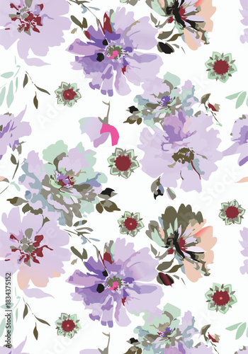 Seamless colorful floral pattern. Hand drawn flowers, herbs, leaves, branches, berries, tulip. Simple cute flat vector elements. Design for textile, cover, wallpaper