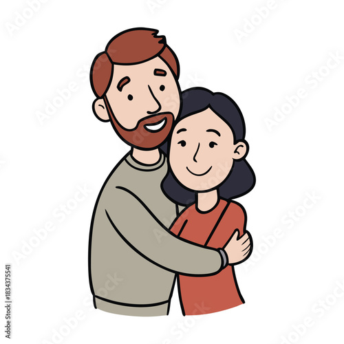 A man and woman share a warm hug, their arms wrapped closely as they smile with comfort and trust. The moment reflects connection, support, and deep emotional warmth.
