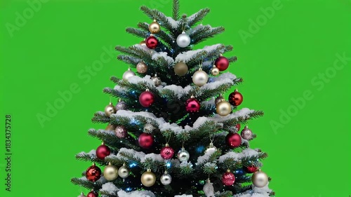 Festive Snow-Covered Christmas Tree with Ornaments, Perfect for Holiday Marketing, Web Design, and Seasonal Promotions