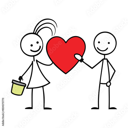 Stick figure man and woman stand side by side, joyfully painting a bright red heart together, their simple lines expressing teamwork, love, and playful creativity.
