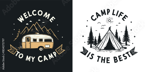Vintage camping trailer and tent illustration for outdoor adventure badge and nature emblem design