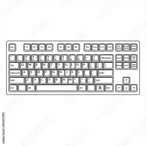 Black and white vector illustration of a computer keyboard with clean rectangular shape, simplified key outlines, and no gradients or shadows, isolated on white for office, tech, and stock design use.