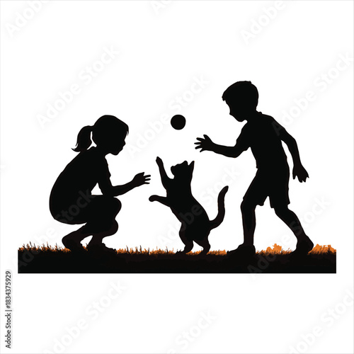 A heartwarming silhouette illustration of a boy and girl enjoying a playful moment with their pet cat and a ball, depicting childhood friendship