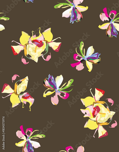 seamless floral pattern on a black background. The pattern is densely packed with small bouquets of flowers. The flowers are stylized, appearing almost like peonies or large roses.