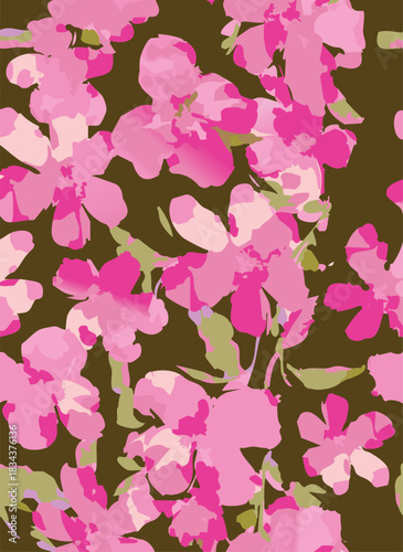 seamless floral pattern on a black background. The pattern is densely packed with small bouquets of flowers. The flowers are stylized, appearing almost like peonies or large roses.