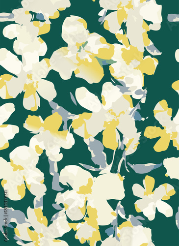 seamless floral pattern on a black background. The pattern is densely packed with small bouquets of flowers. The flowers are stylized, appearing almost like peonies or large roses.