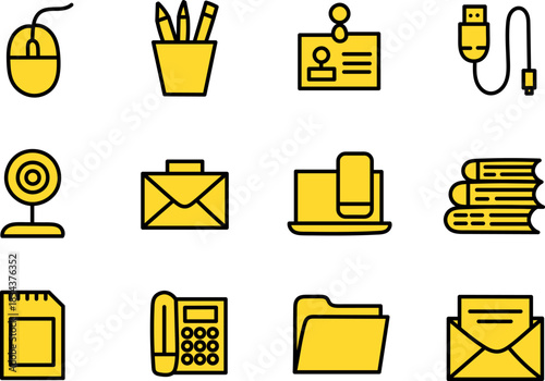 Office Supplies and Workplace Essentials Icons Set – Stationery, Technology, Documents, Communication