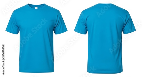 Plain blue shortsleeve tshirt, showing both front and back sides, ready for graphic design, isolated on white background