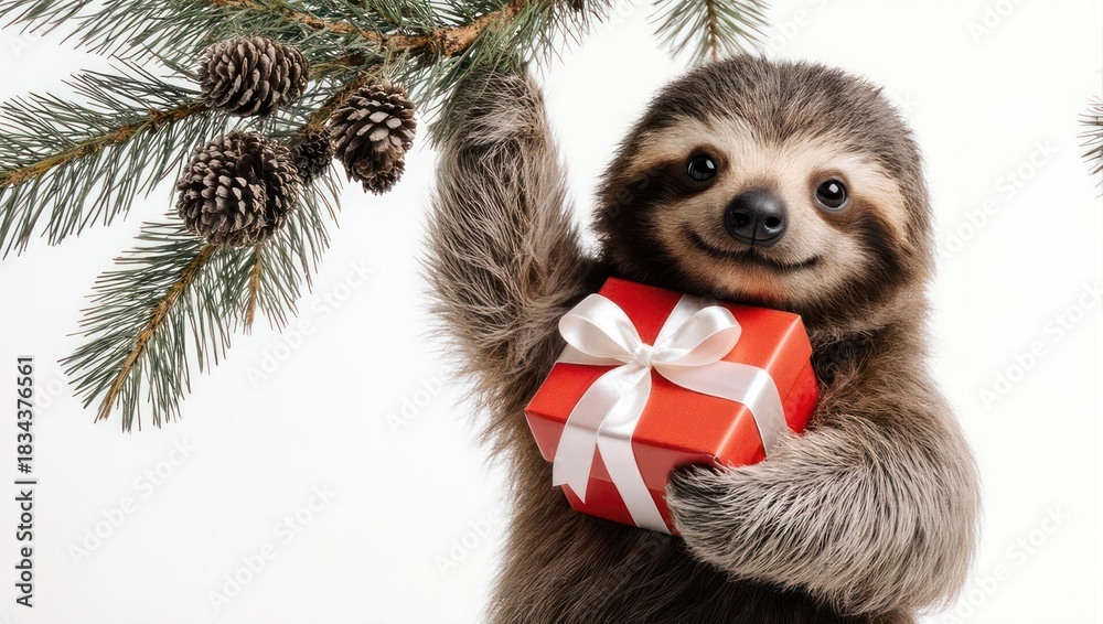 Obraz premium Cute Sloth Holding a Christmas Gift Under a Pine Tree.