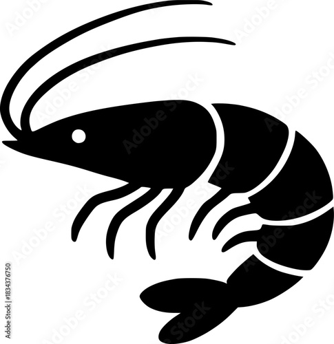 Shrimp Silhouette Vector, Minimal Black Seafood Icon for Marine Branding and Ocean Crustacean Design