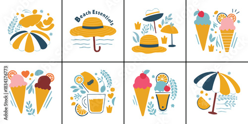 Summer beach essentials icon set with umbrellas hats ice cream citrus drinks and tropical decorative elements in playful style