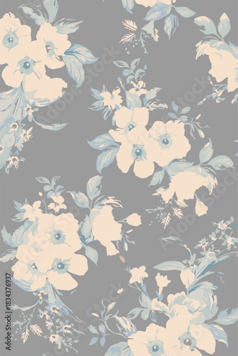 seamless floral pattern on a black background. The pattern is densely packed with small bouquets of flowers. The flowers are stylized, appearing almost like peonies or large roses.