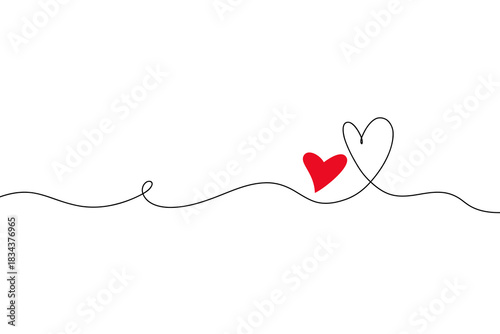 The drawing is a continuous heart line. Romantic background for valentines, weddings, postcards with two hearts. An isolated line of love on a white background. A graphic festive design element