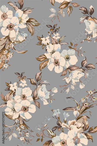 seamless floral pattern on a black background. The pattern is densely packed with small bouquets of flowers. The flowers are stylized, appearing almost like peonies or large roses.