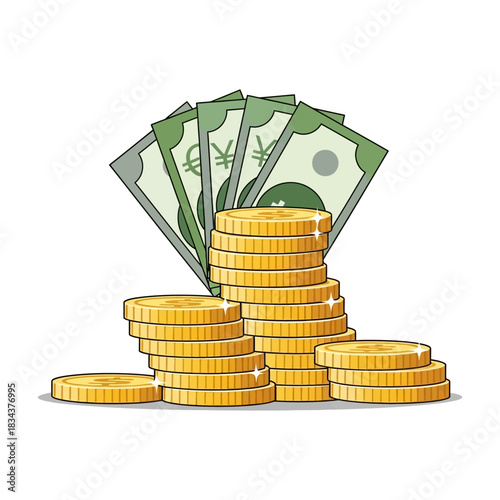 Stacks of gold coins and fanned banknotes representing wealth and financial success.