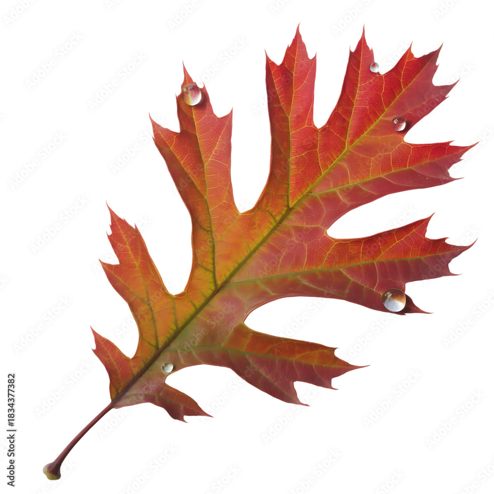 Fototapeta premium Autumn oak leaf with water droplets isolated on transparent background