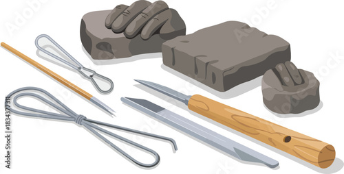 Clay tools and sculpting instrument vector collection for ceramics pottery hobby and art studio crafting activities exactly 130 characters