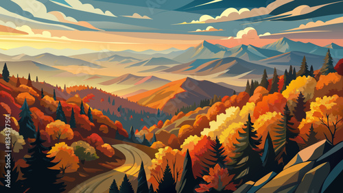 Very beautiful autumn overlook with warm foliage colors and expansive views across the Great Smoky Mountains, creating a seasonal landscape filled with depth, contrast, and glowing late-day light.
