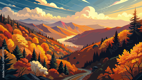 Very beautiful autumn overlook with warm foliage colors and expansive views across the Great Smoky Mountains, creating a seasonal landscape filled with depth, contrast, and glowing late-day light.
