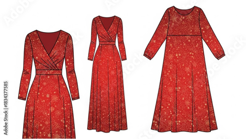 Elegant red long sleeved maxi dresses with a festive gold holly and snowflake pattern showcasing two distinct neckline styles for versatile holiday fashion