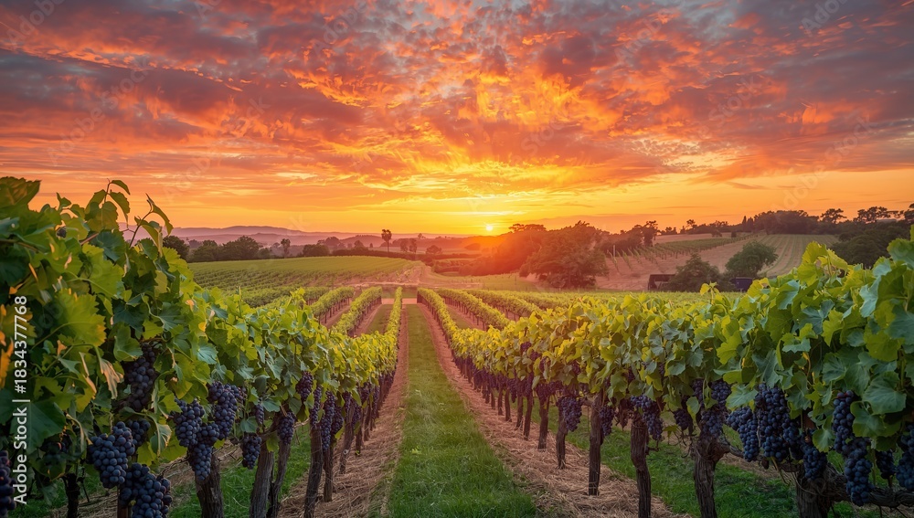 Naklejka premium A scenic vineyard at sunset featuring rows of lush grapevines filled with ripe dark grapes