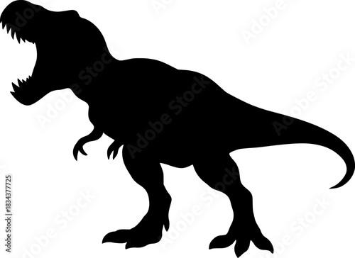 Roaring T-Rex Silhouette with Open Jaws Vector. Tyrannosaurus, dinosaur, predator, jurassic, aggressive, black, icon, logo