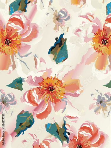 seamless floral pattern on a black background. The pattern is densely packed with small bouquets of flowers. The flowers are stylized, appearing almost like peonies or large roses.