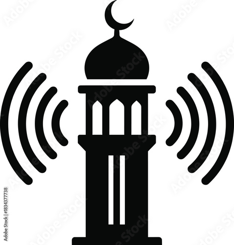 Minaret tower with crescent moon and sound waves representing call to muslim pray or adhan